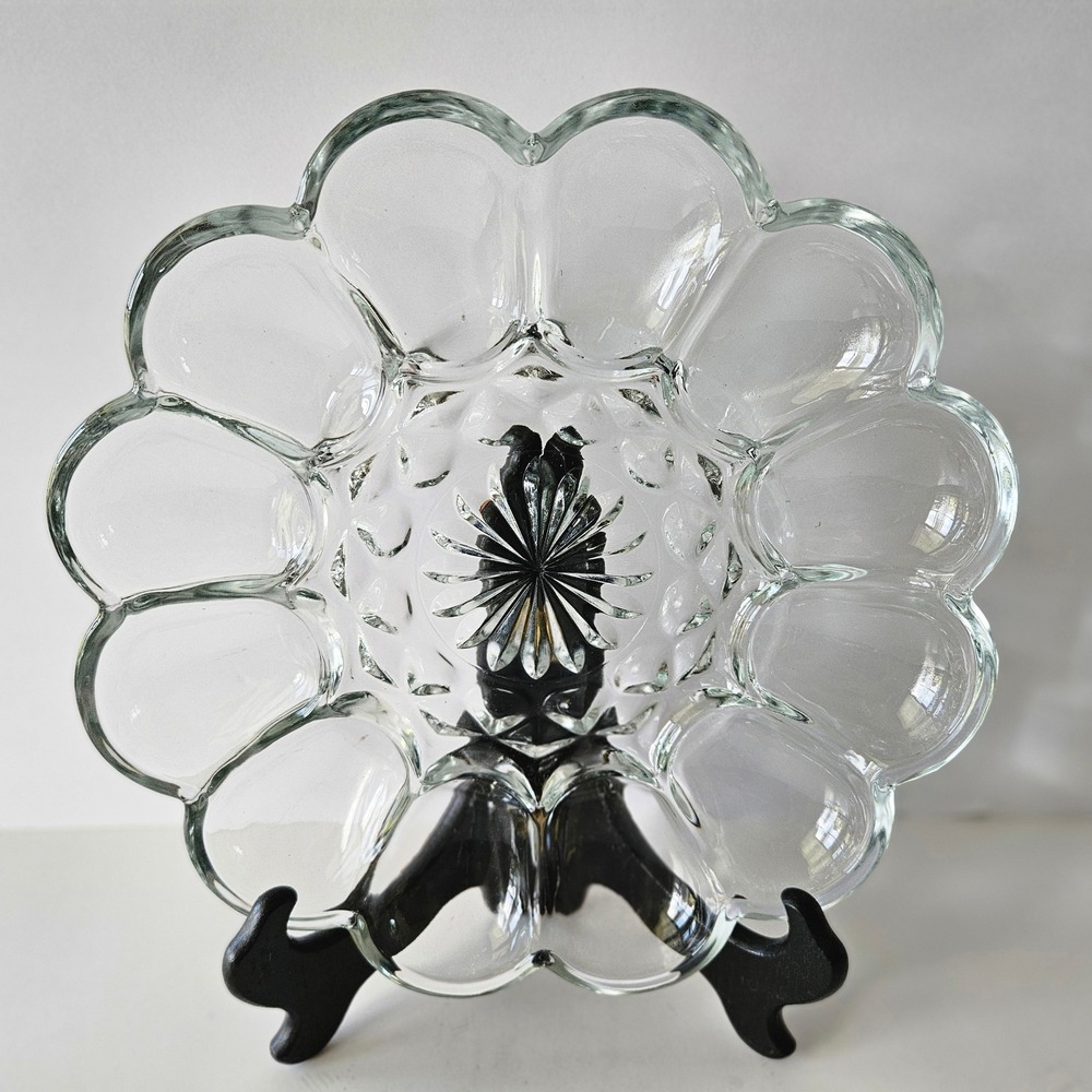 Vtg Anchor Hocking Heavy Clear Glass Egg Dish Plate 9.5in Scalloped Edges